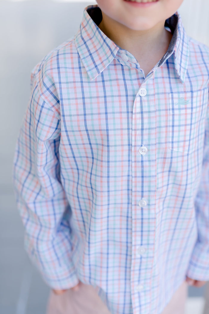 Blue and Blush Plaid Destin Dress Shirt