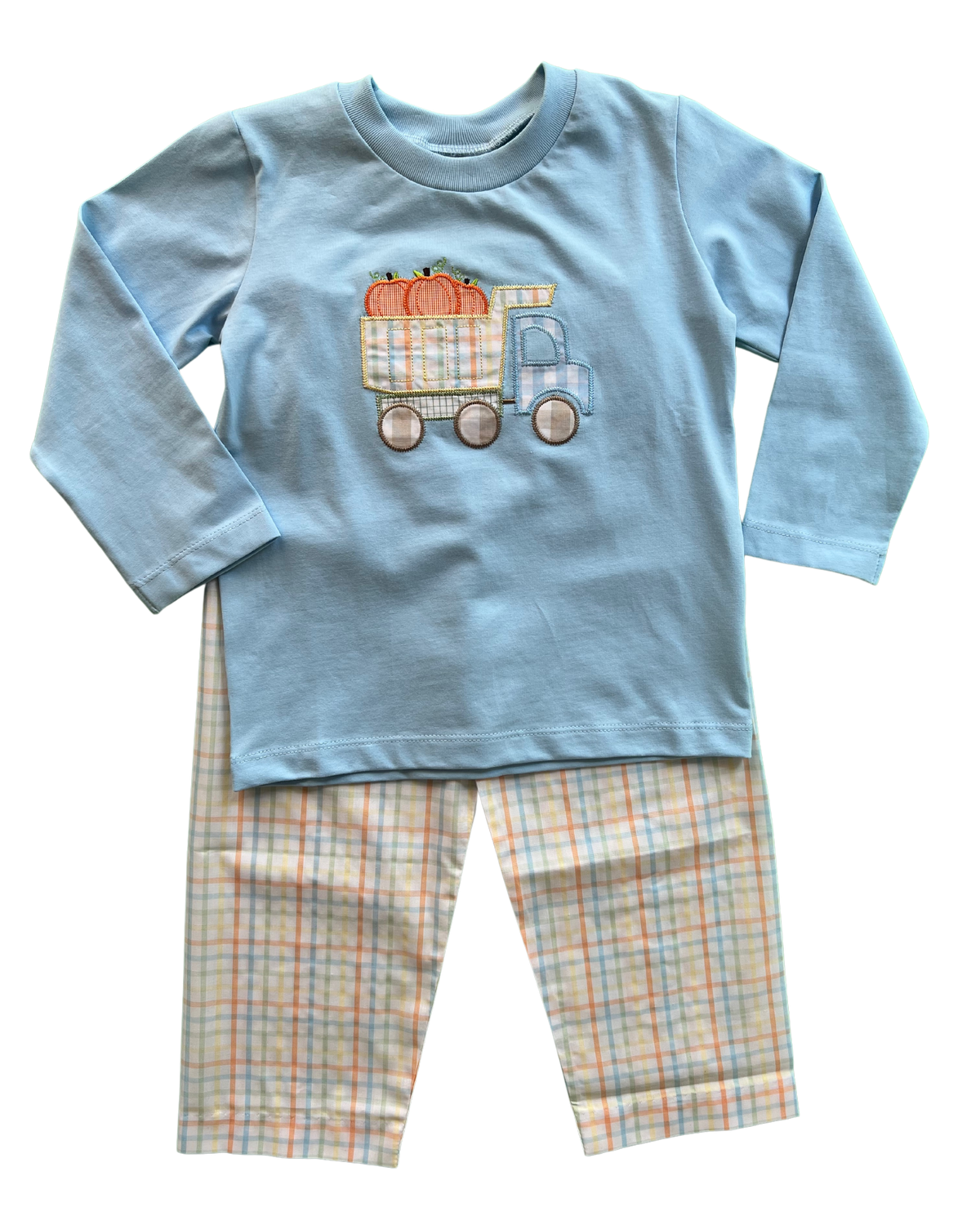 Pumpkin Haul Applique Blue Plaid Boys Pant Set