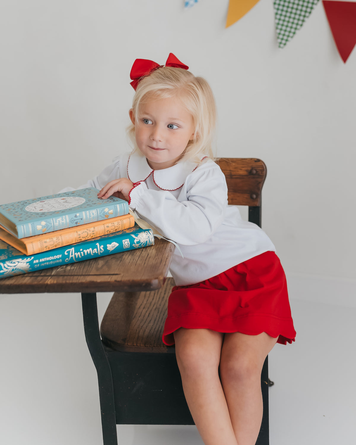 Girls Peter Pan Top- White/Red