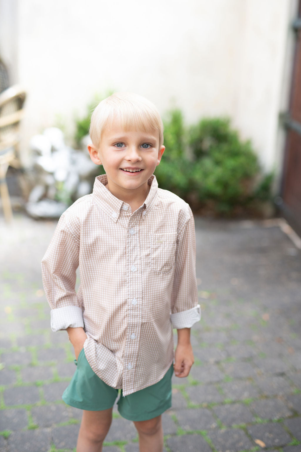 Brown Gingham Performance Button-Down Dress Shirt