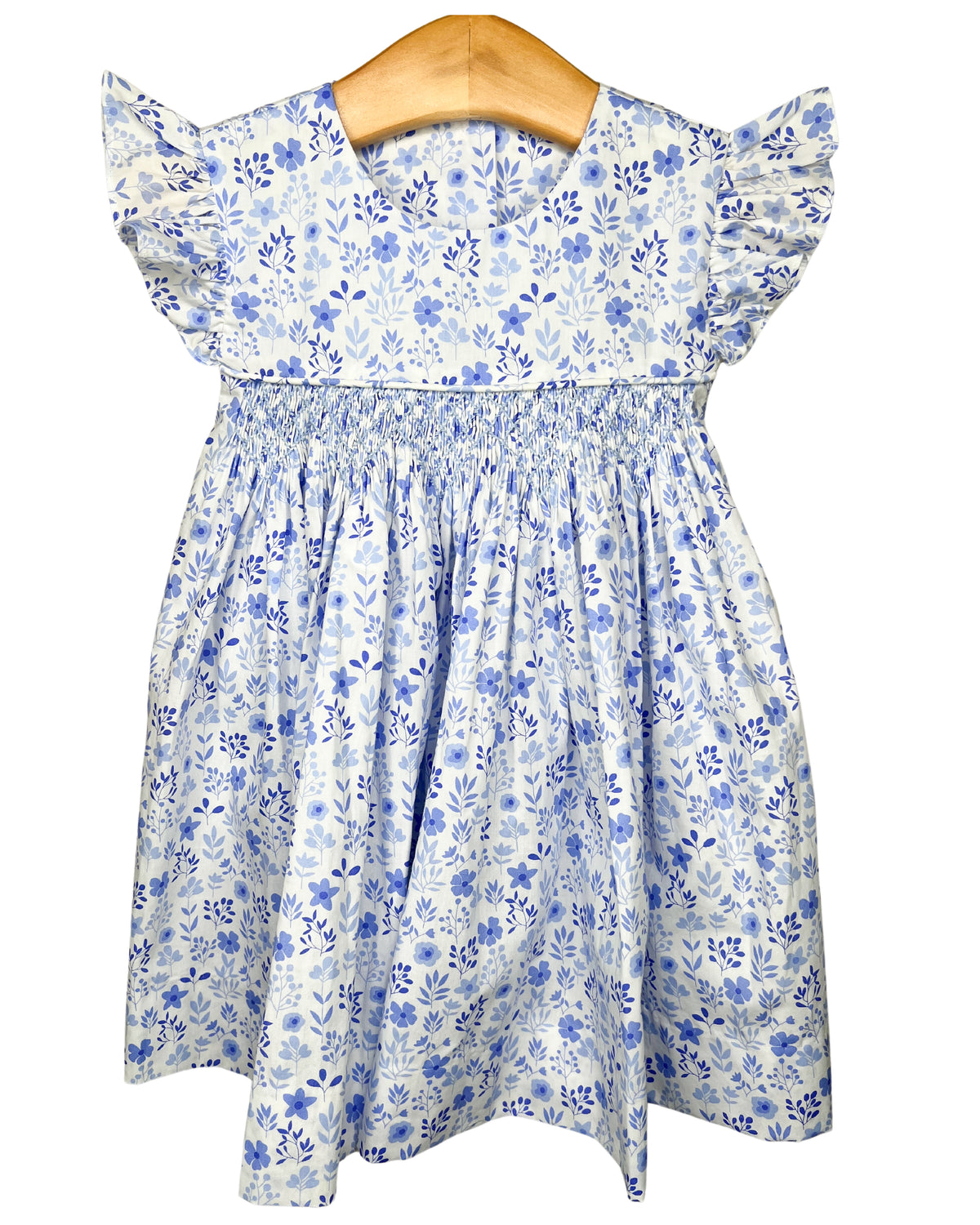 Girls Blue Floral Smocked Geometric Sleeveless Dress