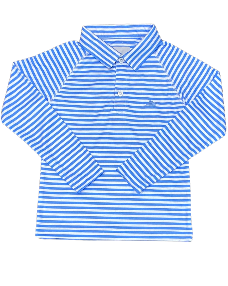 Blue and White Stripe Birdie Long Sleeve Performance Polo