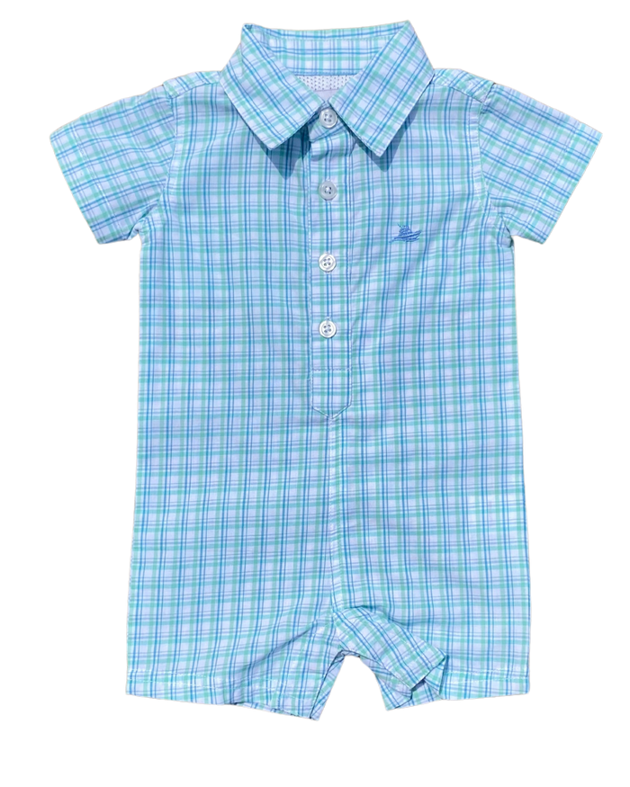 Opal and Blue Plaid Dress Shirt Romper