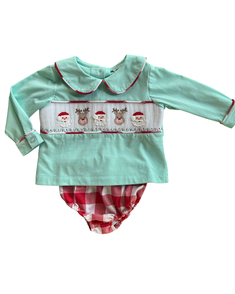 Santa Face Smocked Boy Bloomer Set