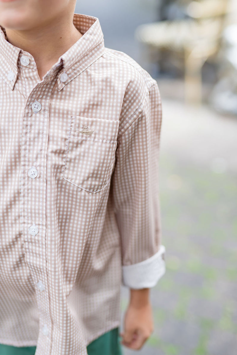 Brown Gingham Performance Button-Down Dress Shirt