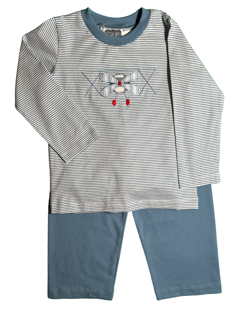 Airplane Applique Blue Stripe Boy's Pant Set