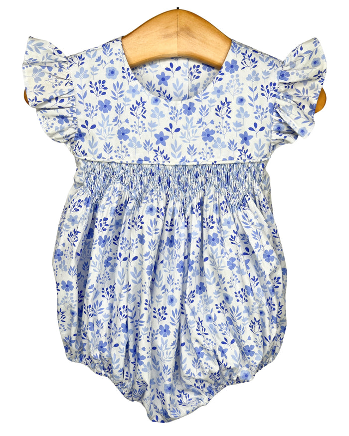 Girls Blue Floral Smocked Geometric Sleeveless Bubble