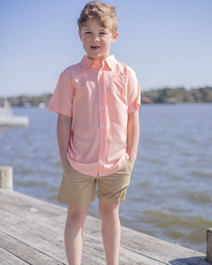 Orange Gingham Short Sleeve Performance Destin Dress Shirt