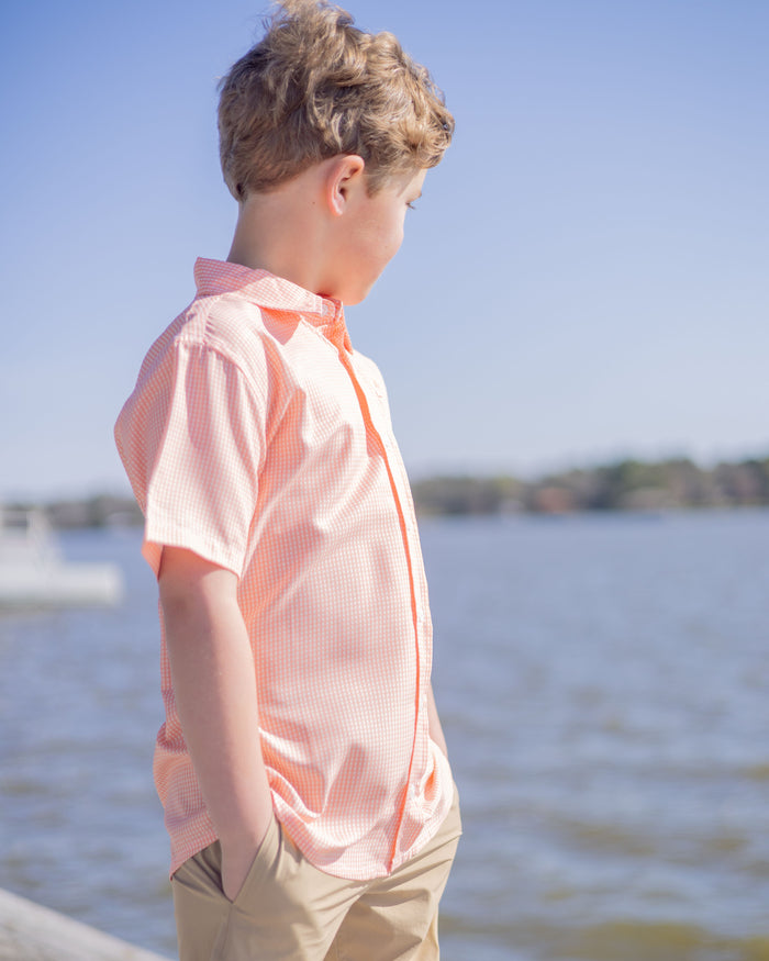 Orange Gingham Short Sleeve Performance Destin Dress Shirt