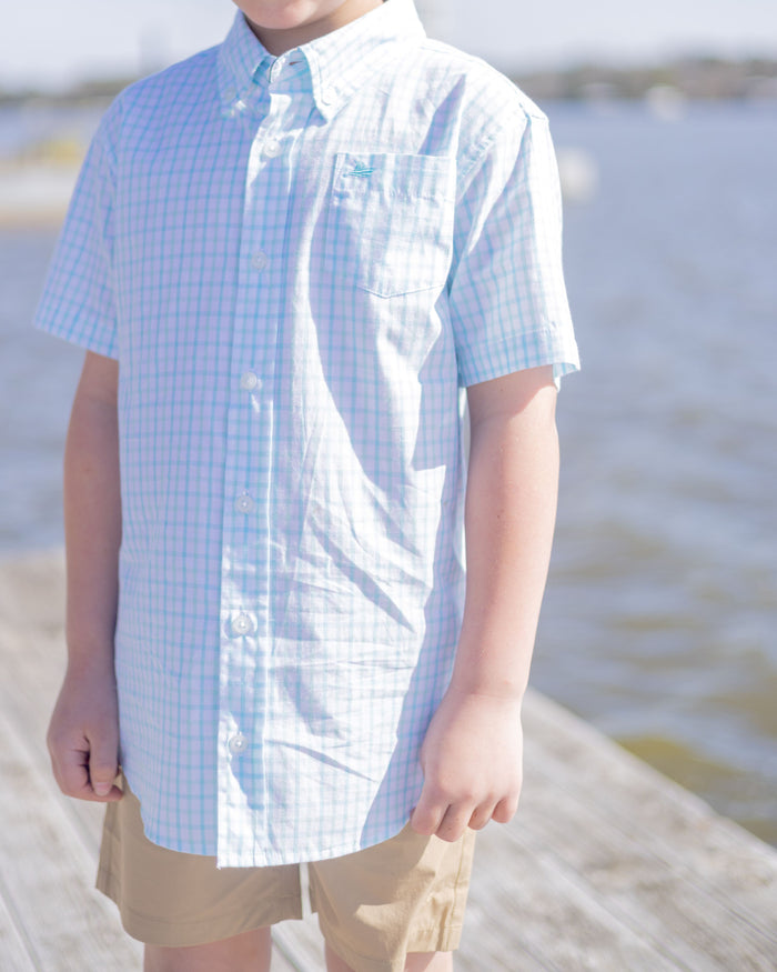 Petit Four and Bleached Aqua Short Sleeve Destin Dress Shirt