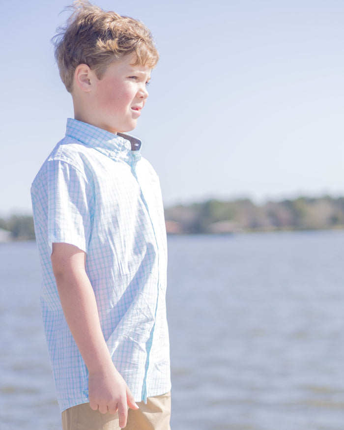 Petit Four and Bleached Aqua Short Sleeve Destin Dress Shirt